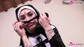 Horny tattoed Italian nun Denise takes off her pantyhose after getting horny, all the time talking t