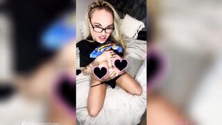 Horny hot wife playing computer whilst fucking herself with jelly dildo and blue vibrator -Elliekarr