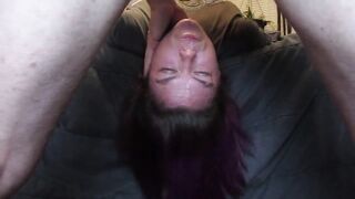 Purple haired submissive milf getting sloppy deepthroat facefucked