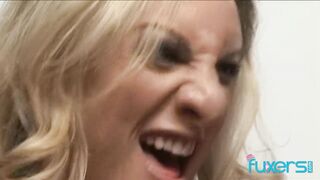 Blonde Julie Robbins spitting on 2 cocks