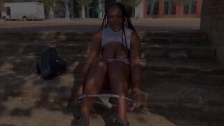 Ebony in white masturbating and flashing as people go by