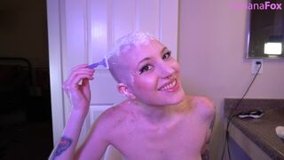 Tattooed Bald Slut Razor Shaves Head And Cums