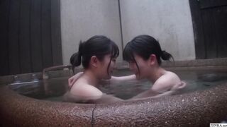 Japanese lesbian college friends come out to each other at bathhouse