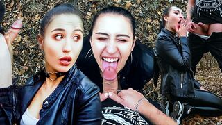 Outdoor Blowjob and Facefuck with a Massive Facial for Ponytail Brunette in Leather Suite