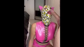 LATEX CAT HOOD GIRL DEEPTHROATING COCK AND BEING BENT OVER DOGGY STYLE