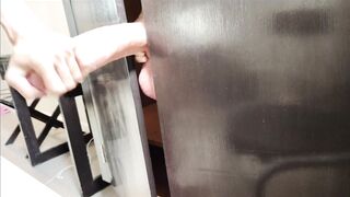 Freak pervo shows his huge dick from the cabinet and gives instructions