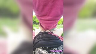 this slut pisses on his cock and gets cum on in a public garden